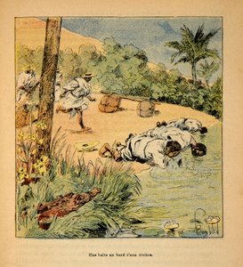 Wojna na Madagaskarze – anegdotyczna historia francuskich ekspedycji z lat 1885-1895 Henri Galli dit Galllichet (1854-1922), ilustracja Louis Bombled (1862-1927): Postój nad rzeką w 1895 r., Kolekcja prywatna autorstwa Louis Charles Bombled
