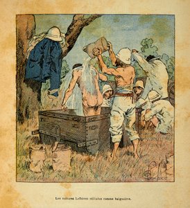 Wojna na Madagaskarze – anegdotyczna historia francuskich ekspedycji z lat 1885-1895 Henri Galli dit Galllichet (1854-1922), zilustrowana przez Louisa Bombleda (1862-1927): Samochody Lefebvre używane jako wanna przez żołnierzy w 1895 roku na Madagaskarze,  autorstwa Louis Charles Bombled