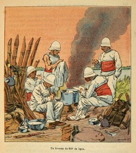 Wojna na Madagaskarze – anegdotyczna historia francuskich ekspedycji z lat 1885-1895 Henri Galli dit Galllichet (1854-1922), ilustrowana przez Louisa Bombleda (1862-1927): Biwak 200 linii na Madagaskarze w 1895 roku, kolekcja prywatna autorstwa Louis Charles Bombled