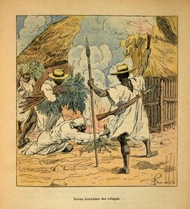 Wojna na Madagaskarze-Anegdota Historia francuskich ekspedycji z lat 1885-1895 Henri Galli dit Galllichet (1854-1922), ilustrowana przez Louisa Bombleda (1862-1927): płonące wioski Hovasów, kolekcja prywatna autorstwa Louis Charles Bombled