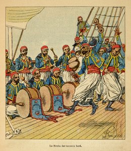 Wojna na Madagaskarze – anegdotyczna historia francuskich ekspedycji z lat 1885-1895 Henri Galli dit Galllichet (1854-1922), ilustracja Louis Bombled (1862-1927): Dziewięciu Turków na pokładzie statku płynącego na Madagaskar, kolekcja prywatna autorstwa Louis Charles Bombled