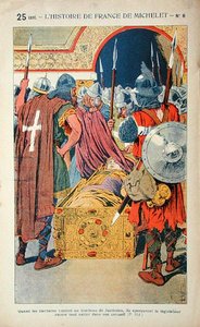 Odkrycie zmumifikowanego ciała cesarza Justyniana (483-565) podczas zdobywania Konstantynopola przez krzyżowców w 1204, ilustracja z „Histoire de France” Julesa Micheleta (1798-1874) ok. 1900 (kolor lito) autorstwa Louis Charles Bombled