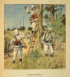 Wojna na Madagaskarze-Anegdotyczna historia francuskich wypraw z lat 1885-1895 Henri Galli dit Galllichet (1854-1922), zilustrowana przez Louisa Bombleda (1862-1927): Realizacja telegrafu kampanii przez wojsko na Madagaskarze w 1895 roku, Szeregowy kol autorstwa Louis Charles Bombled