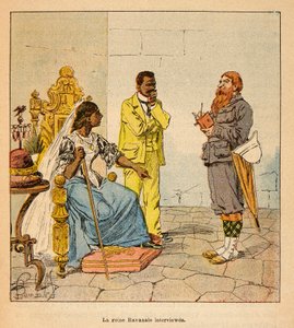 Wojna na Madagaskarze — anegdotyczna historia francuskich wypraw z lat 1885-1895 Henri Galli dit Galllichet (1854-1922), zilustrowana przez Louisa Bombleda (1862-1927): angielski dziennikarz przeprowadził wywiad z królową Ravanalo w 1895 roku w obecności j autorstwa Louis Charles Bombled