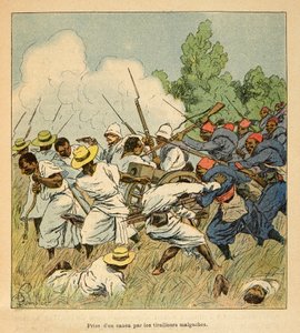 Wojna na Madagaskarze - Anegdotyczna historia francuskich wypraw z lat 1885-1895 Henri Galli dit Galllichet (1854-1922), zilustrowana przez Louisa Bombleda (1862-1927): Malgasz chwycił armatę podczas bitew Ambolomonty w 1895 r., Zbiory prywatne autorstwa Louis Charles Bombled