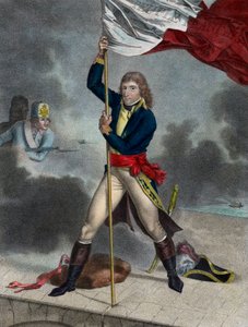 Napoleon Bonaparte podczas bitwy pod mostem Arcole (Arcola), listopad 1796 - Generał Buonaparte en Chief Armee Włoch podbija flagę na moście Arcole w 1796 - rycina Louis Charles Ruotte
