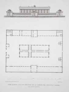Plan i elewacja budynku skazanych w Port Jackson, niedaleko Sydney, z „Voyage Autour du Monde (1817-20)”, opublikowanej 1822-24 (rycina) autorstwa Louis Claude Desaulses de Freycinet
