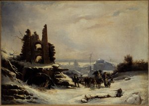 Powrót z targu (efekt śniegu w Paryżu), ok. 1830 (olej na płótnie) autorstwa Louis Claude Mallebranche