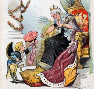 Puck kłania się i wręcza bukiet kwiatów z napisem "1837 1897" królowej Wiktorii.
