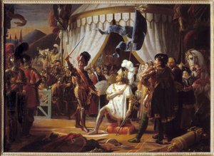 Franciszek I z Francji prosząc o pasowanie na rycerza przez Kawalera Bayarda po zwycięstwie w bitwie pod Marignano we Włoszech, 1515 -