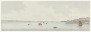 Gezicht op een deel van het Mare Piccolo Widok części Mare Piccolo, gdzie znajdował się stary most, ujście Galesusa (tytuł na obiekcie) Podróże po Włoszech, Sycylii i Malcie - 1778 (tytuł serii) autorstwa Louis Ducros