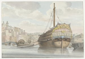 Gezicht op haven met galei schip vlakbij de werf Widok dna Port des Galères w Malthe, zaczerpnięty ze strony (tytuł na obiekcie) Podróże po Włoszech, Sycylii i Malcie - 1778 (tytuł serii) autorstwa Louis Ducros