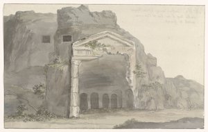 Grobowce z fasadą w stylu doryckim wyrzeźbioną w skale w pobliżu Syrakuz Voyage en Italy i Sicile et à Malte - 1778 (tytuł serii) autorstwa Louis Ducros