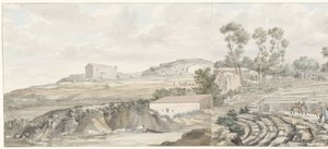 Wnętrze spotkało teatr trappen van w Syrakuzach Widok wnętrza i trybun Teatru Syracuse (tytuł na obiekcie) Podróże po Włoszech, Sycylii i Malcie - 1778 (tytuł serii) autorstwa Louis Ducros