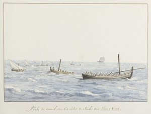 Koraalvissers voor de kust van Sicilië ter hoogte van Terra Nuova Połów koralowców na wybrzeżach Sycylii w kierunku Terra Nuova (tytuł na obiekcie) Podróże po Włoszech, Sycylii i Malcie - 1778 (tytuł serii) autorstwa Louis Ducros
