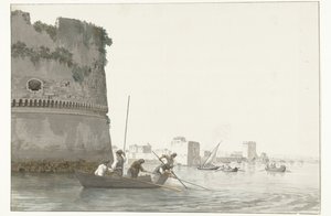 Mosselvissers op Mare Piccolo bij de vestingwerken van Taranto Łowienie małży w Mare piccolo Taranto widziane z rogu Cytadeli (tytuł na obiekcie) Podróże po Włoszech, Sycylii i Malcie - 1778 (tytuł serii)