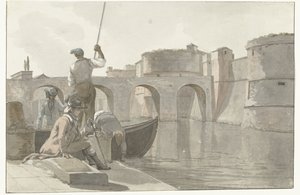 Nowy vestingsgracht van de vestingwerken w Taranto Widok na nową fosę Cytadeli Taranto (tytuł na obiekcie) Podróże po Włoszech, Sycylii i Malcie - 1778 (tytuł serii) autorstwa Louis Ducros