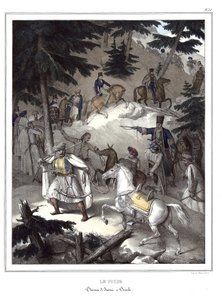 Le Pinde, traversee de Janina a Tricala. w „Podróż do Ateny i Konstantynopola”, czyli zbiór greckich i osmańskich portretów, widoków i kostiumów, malowanych na miejscach po naturze, litografie i kolorystykach autorstwa Louisa Dupre (1789-1837), ucznia Dawi autorstwa Louis Dupré