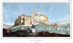 Widok na Akropol w Atenach. w „Podróż do Aten i Konstantynopola”, czyli zbiór portretów, widoków i kostiumów greckich i osmańskich, malowanych na miejscach przyrody, litografii i kolorystyki autorstwa Louisa Dupre (1789-1837), ucznia Dawida.1825. autorstwa Louis Dupré