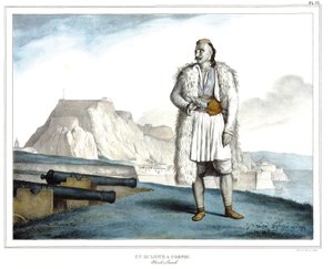 Suliote na Korfu, Nicolo Pervoli, w „Podróży do Aten i Konstantynopola”, czyli zbiór greckich i osmańskich portretów, widoków i kostiumów, malowanych na miejscach po naturze, litografie i kolorystykach autorstwa Louisa Dupre (1789-1837), ucznia Dawida .182 autorstwa Louis Dupré