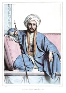 Bilesikdji, ormiański. w „Podróż do Aten i Konstantynopola”, czyli zbiór portretów, widoków i kostiumów greckich i osmańskich, malowanych na miejscach przyrody, litografii i kolorystyki autorstwa Louisa Dupre (1789-1837), ucznia Dawida.1825. autorstwa Louis Dupré