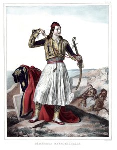 Demetrius Mavromichalis, grecki żołnierz i patriota. w „Podróż do Aten i Konstantynopola”, czyli zbiór portretów, widoków i kostiumów greckich i osmańskich, malowanych na miejscach natury, litografiach i kolorystykach autorstwa Louisa Dupre (1789-1837), uc autorstwa Louis Dupré
