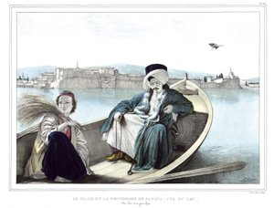 Pałac i twierdza Janina widziana od strony jeziora. Turczynka i młoda Greczynka. w „Podróż do Aten i Konstantynopola”, czyli zbiór portretów greckich i osmańskich, widoków i kostiumów, malowanych na miejscach po naturze, litografii i kolorystyki autorstwa  autorstwa Louis Dupré