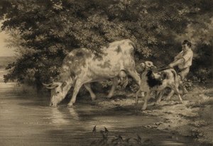Chłopiec z krową i cielęciem nad rzeką autorstwa Louis Emmanuel Soulange Tessier