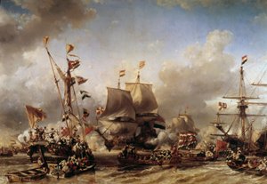 Wojna angielsko-holenderska: „” Nabrzeże holenderskiego admirała Michela Adriena Ruytera (1607-1676) i Williama de Witta w bitwie pod Texel”” Obraz Louisa Gabriela Eugene Isabeya (1803-1886) XIX w. Toulon, muzeum marynarki wojennej