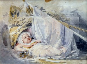 Król Rzymu Napoleon II, książę Reichstadt (1811-1832) syn cesarza Napoleona I (1769-1821) nowonarodzony Czarny kamień i beżowy papier lawowy Eugeniusza Isabeya (1803-1886) marzec 1811 nd. 0,18x0,25 m Paryż, Musee du Louvre autorstwa Louis Eugene Gabriel Isabey