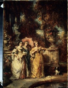 ""La promenade"" (Spacer) Trzy młode dziewczyny z dobrej rodziny w parku. Obraz Louis Gabriel Eugene Isabey (1803-1886) 1852 Muzeum Puszkina, Moskwa autorstwa Louis Eugene Gabriel Isabey