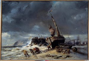 Maree basse, wyjazd na ryby Obraz Louis Eugene Isabey (1803-1886) XIX-wieczny Le Havre, Musee des Beaux Arts