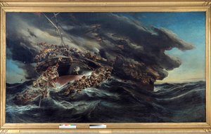 Pożar parowca Austria Scena wrak statku, z którego pasażerowie próbują uciec na łodziach w zdewastowanym morzu. Obraz Eugene Isabey (1803-1886)