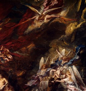 Kuszenie św. Antoniego Pustelnik św. Antoni Wielki (251-356) zostaje na pustyni poddany pokusom diabła. Szczegół. Obraz Louisa Gabriela Eugene Isabeya (1803-1886)