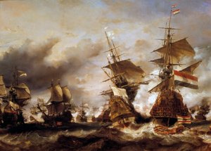 Wojna z Ligą Augsburską: „”Bitwa pod Texel 29.06.1694, zwycięstwo Jeana Barta (1650-1702) nad holenderską eskadrą admirała Fryzji”” Francuzi zagarniają holenderskie statki z pszenicą. Obraz Louisa Gabriela Eugene Isabeya (1803-1886)