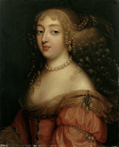 Portret damy, podobno Laura Mancini, Duchesse de Mercoeur, do biustu, w czerwonej sukience, z naszyjnikiem z pereł i kolczykami
