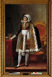 Portret u stóp króla Westfalii Hieronima Bonaparte (1784-1860). W kostiumie dowódcy Orderu Królewskiej Korony Wesfalii, ok. 1810 r. Obraz przypisywany Louisowi Francois Aubry (1767-1851) lub Francois Josephowi Kinsonowi (Kinsoen) (1770-1839). autorstwa Louis Francois (attr. to) Aubry