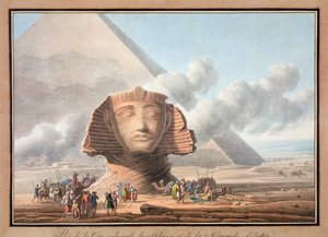 Widok głowy Sfinksa i piramidy Chefrena, Giza, Egipt, ok. 1790 r.