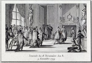 Konsulat: „” Napoleon Bonaparte (1769-1821) na spotkaniu Saint Cloud w dniu 18 brumaire (9/11/1799)” Zamach stanu 18 brumaire dokonany przez Napoleona Bonaparte w Radzie Pięciu centów (5 centów ) (pokój 500), chroniony przez grenadierów, kończy D autorstwa Louis Francois Couche