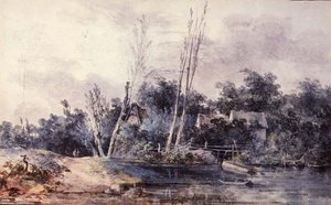 Domki i wierzba nad potokiem z figurami autorstwa Louis Gabriel Moreau