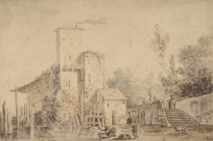 Zagroda nad rzeką z figurami, 1765.