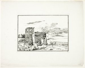 Zrujnowane budynki w pobliżu brzegu rzeki, płyta 9 z Quatrieme suite de paysages dessinés et grave a l