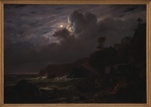 Widok Kullen w Szwecji. Przemytnicy ukrywający swoje towary wśród skał. światło księżyca autorstwa Louis Gurlitt