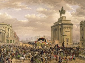 Pogrzeb księcia Wellingtona, wóz pogrzebowy przejeżdżający przez bramę Apsley House, 18 listopada 1852 r., rycina Thomasa Pickena (1838-1870), wyd. Ackermann and Day, 1853 r.