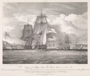 HMS "Shannon" prowadzący amerykańską fregatę "Chesapeake" (1806) do portu Halifax w Nowej Szkocji 6 czerwca 1813 r., ok. 1815 r. (litografia) autorstwa Louis Haghe
