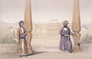 Dooranee Noble i jego pomocnik w pałacu w Candaharze, z książki „Postacie i kostiumy Afganistanu” napisanej przez kapitana Lockyera Willisa Harta, opublikowanej w 1843 r. autorstwa Louis Hague