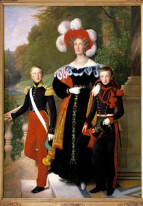 Królowa Marie-Amelie i dwaj jej synowie, książę Aumale w mundurze jako żołnierz lekkiej piechoty i książę Montpensier w mundurze kanonierskim, przed widokiem na park zamku Neuilly około 1833 roku