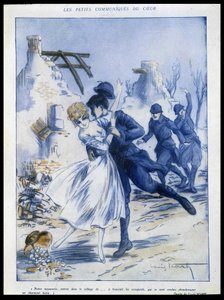 Żołnierze wkraczający do miasta, jeden całujący kobietę, „uroczy łup”, ilustracja: Louis Icart (1888-1950) w „” Fantasio”” 15.12.1915 autorstwa Louis Icart
