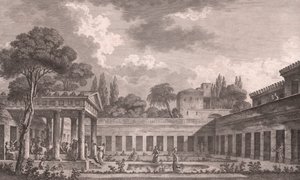 Idealna rekonstrukcja Willi Diomedesa w Pompejach do stanu sprzed erupcji Wezuwiusza w 79 rne, Kampania, Włochy, akwaforta wg rysunku Louisa Jeana Despreza (1743-1804), ok. 21x34 cm autorstwa Louis Jean (after) Desprez