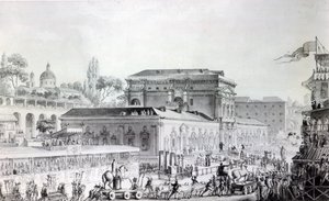 Zabytki znalezione w Herkulanum przewożone do Muzeum Neapolu, ok. 1782 (pióro, atrament i akwarela na papierze) autorstwa Louis Jean Desprez